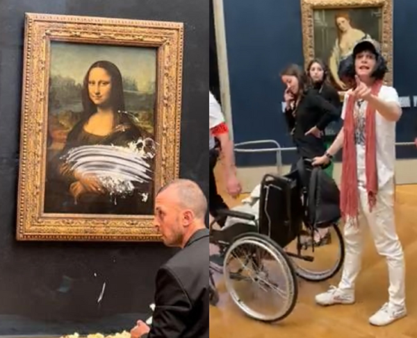 A Man in Lady’s Wig Throws Cake at the Mona Lisa