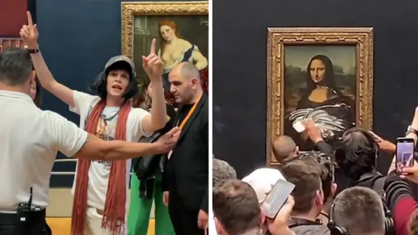 A Man Throws Cake at the Mona Lisa