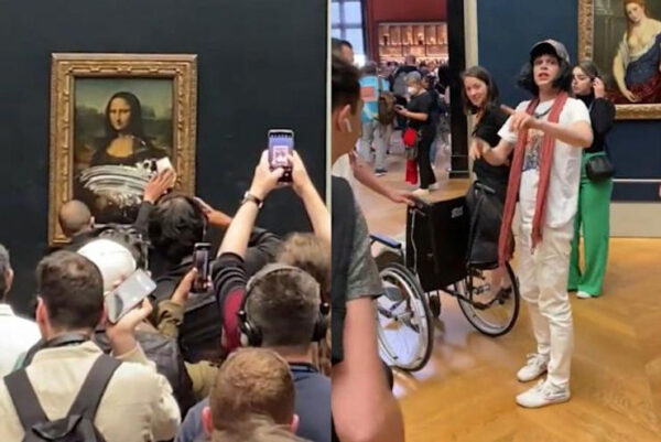 Man Disguised as Old Woman Throws Cake at the Mona Lisa