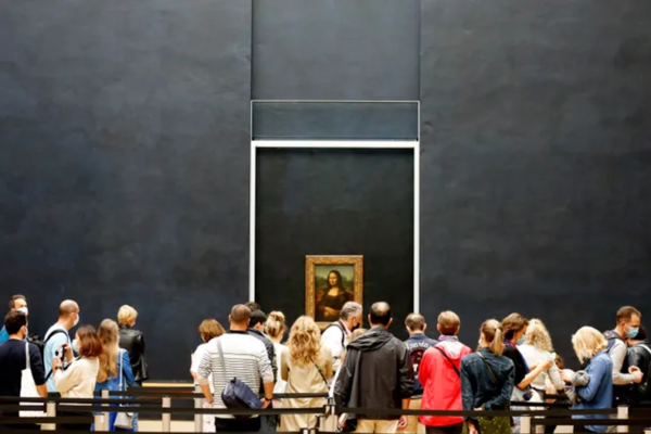 A Disguised Man Throws a Piece of Cake at the Mona Lisa